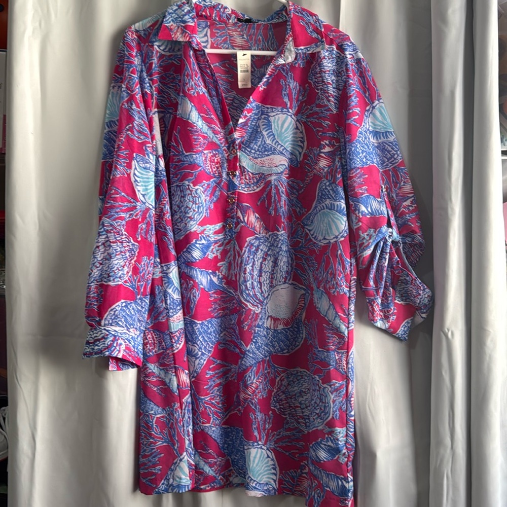 Bright Pink Blue Seashell Swimsuit Coverup Tunic Dress M